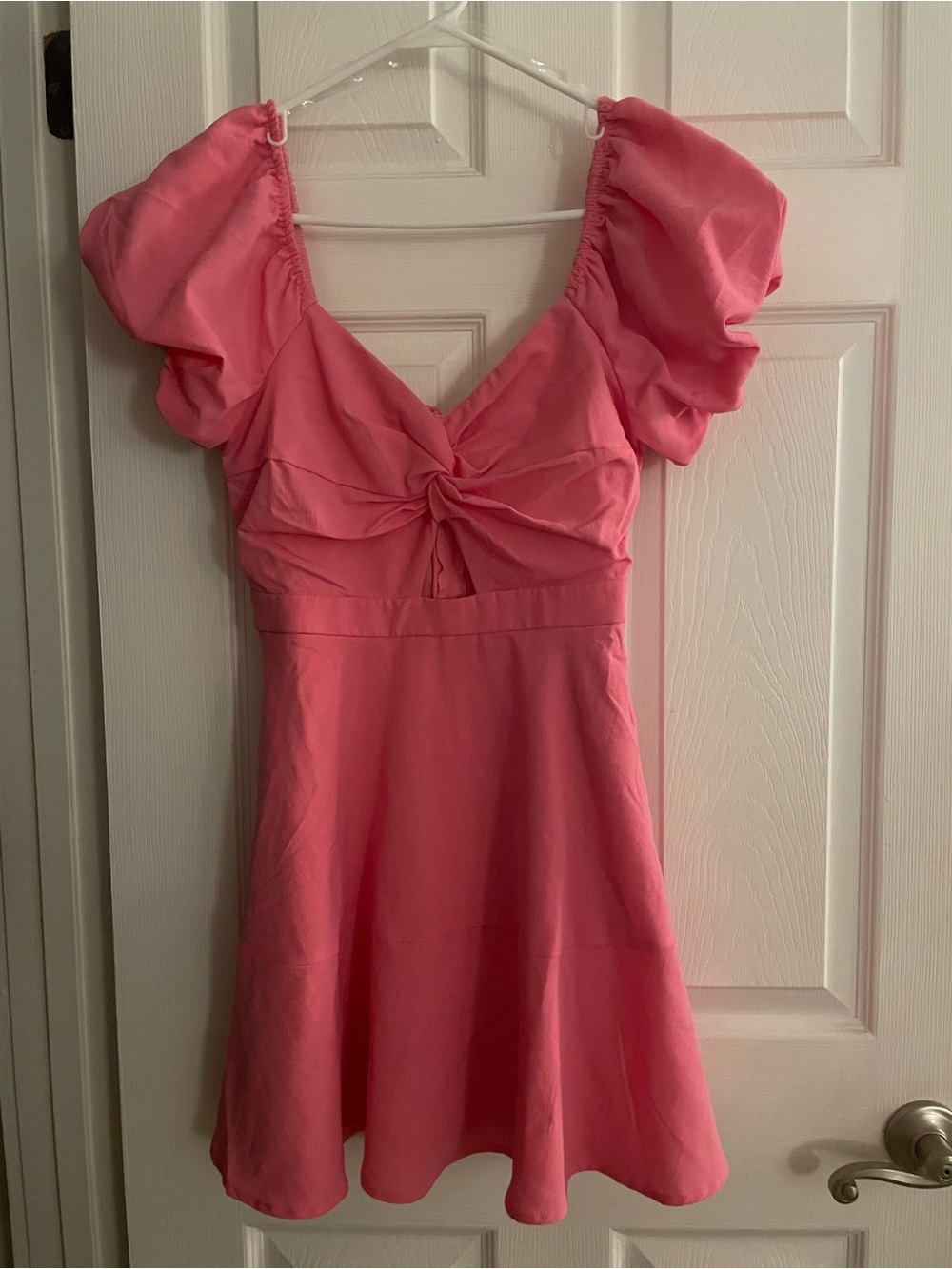 Pink Puff-Sleeve Knot-Front Mini Dress